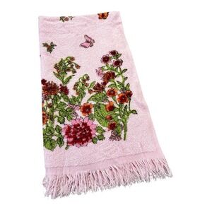 Vintage Cannon Pink Floral Butterfly Bath Towel Fringed Cotton Blend USA Retro